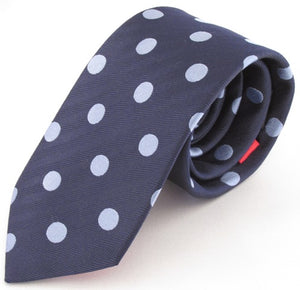 Navy Blue Silk Tie With Large Sky Blue Polka Dots