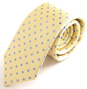 Lemon Yellow Silk Tie with Sky Blue Polka Dots by Van Buck