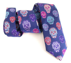 Limited Edition Navy Blue Wave with Purple Skull Silk Tie by Van Buck