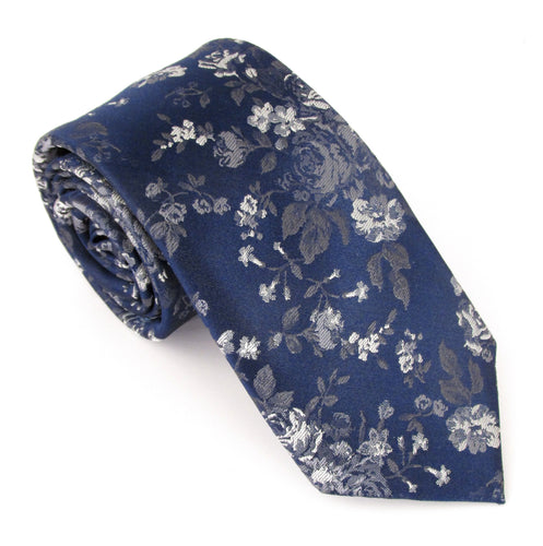 Navy Blue Floral Silk Tie by Van Buck
