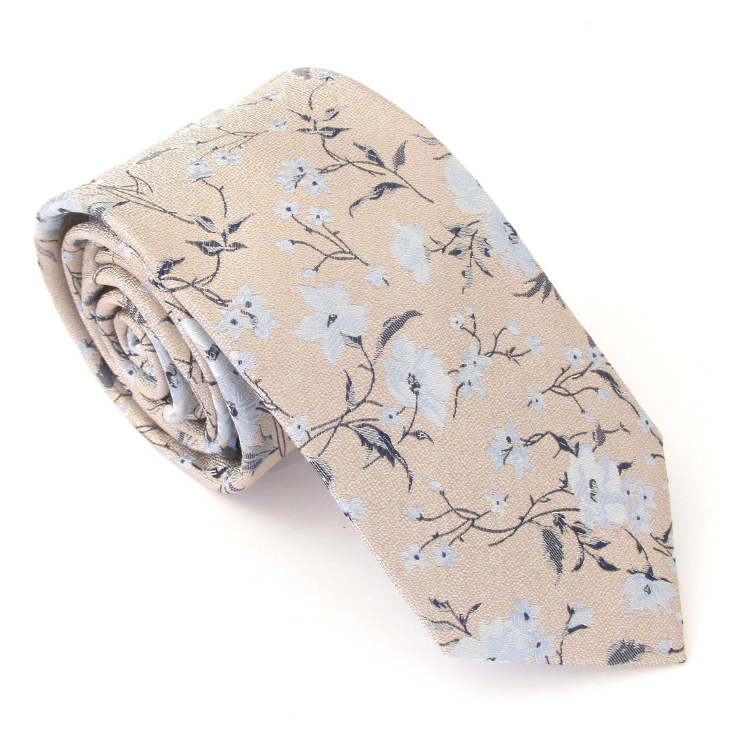 Beige Flower & Vine Silk Tie by Van Buck