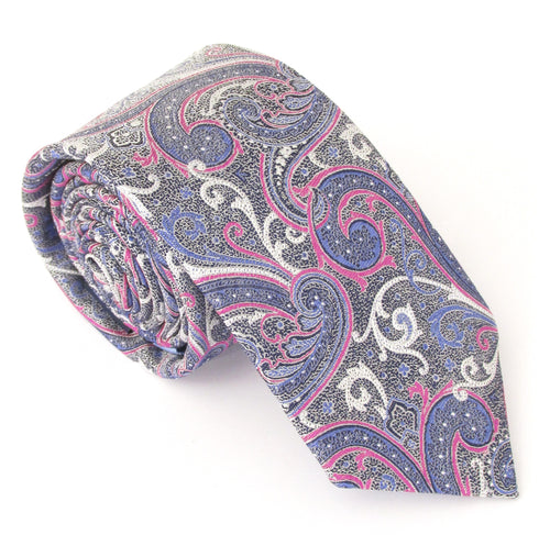 Silver Blue & Cerise Ornate Paisley Silk Tie by Van Buck 