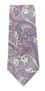 Silver Blue & Cerise Ornate Paisley Silk Tie by Van Buck