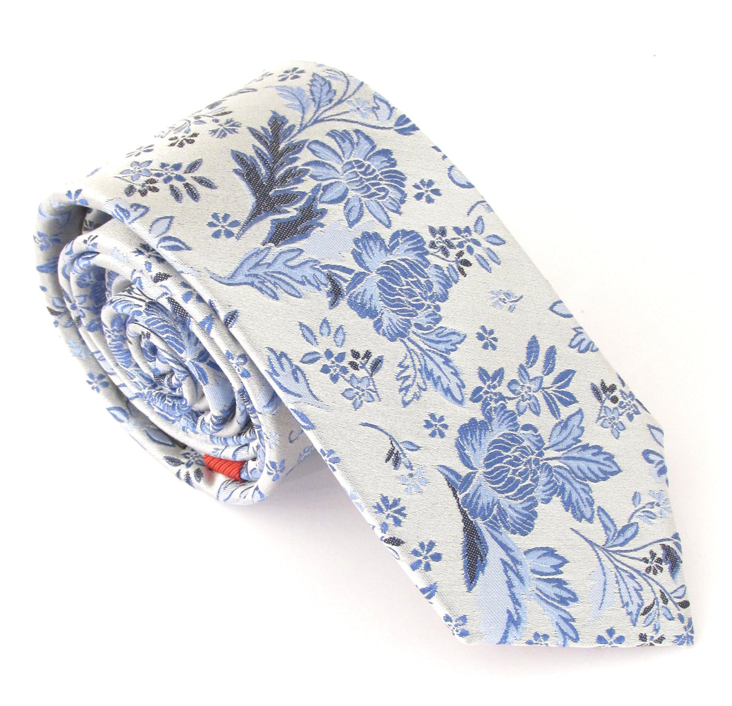 Silver Large Floral Red Label Silk Tie by Van Buck