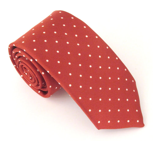 Red Printed English Silk Tie With White Polka Dots by Van Buck