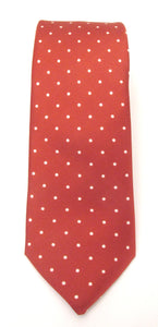 Red Printed English Silk Tie With White Polka Dots by Van Buck