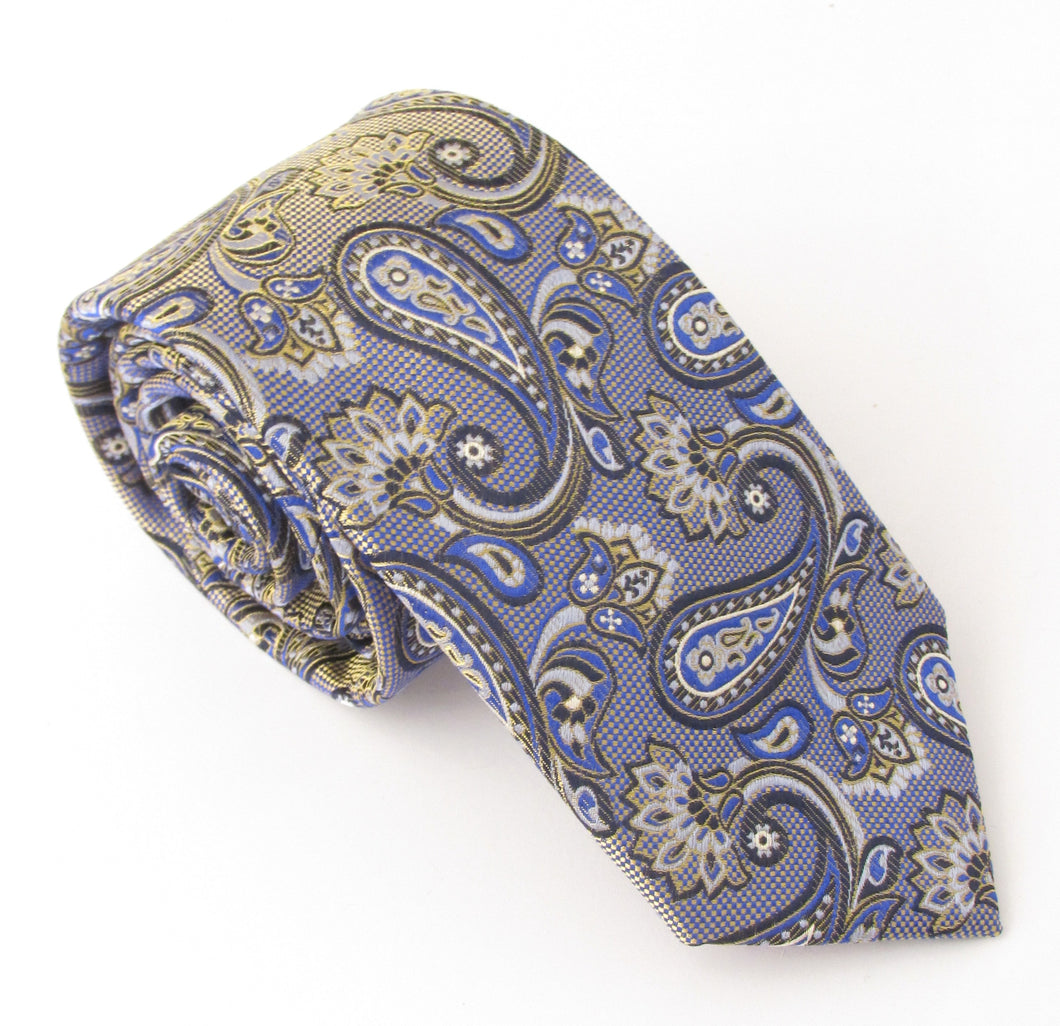 Navy Blue & Gold Check Paisley Red Label Silk Tie by Van Buck