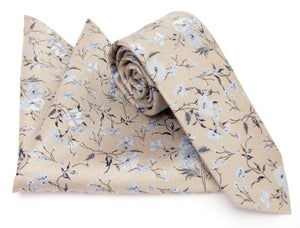 Beige Flower & Vine Silk Tie & Pocket Square Set by Van Buck