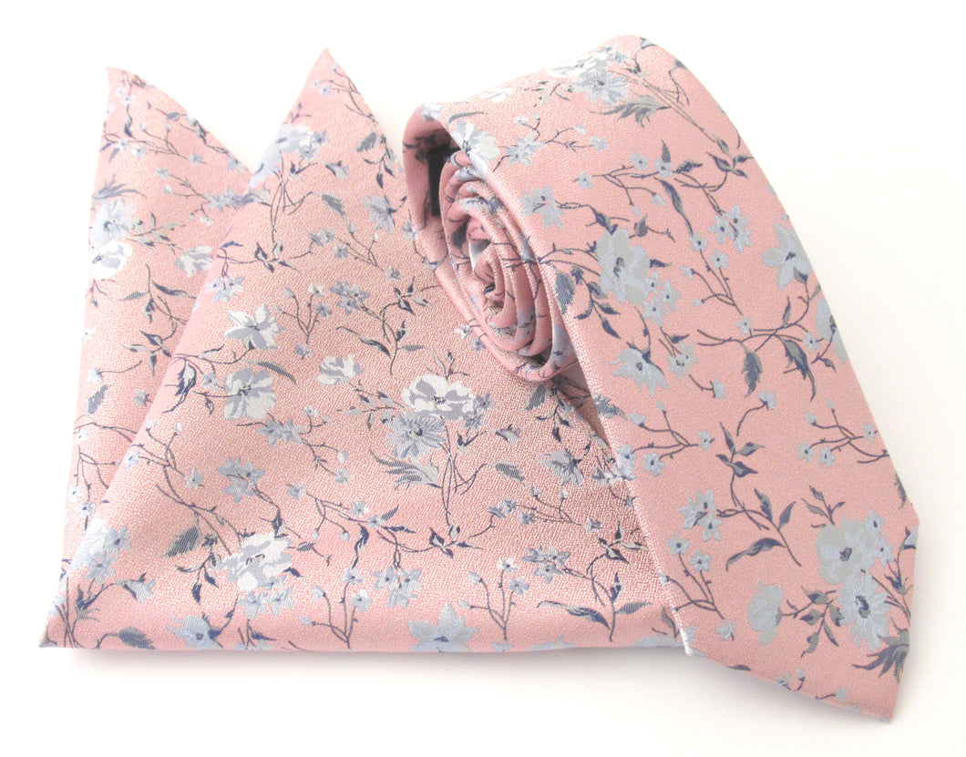 Pink Flower & Vine Silk Tie & Pocket Square Set by Van Buc