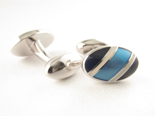 Limited Edition Oval Cufflinks with Blue Stripe by Van Buck