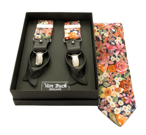 Curious Land Pink Tie & Trouser Braces Set Made with Liberty Fabric