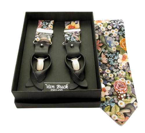 Curious Land Grey Tie & Trouser Braces Set Made with Liberty Fabric