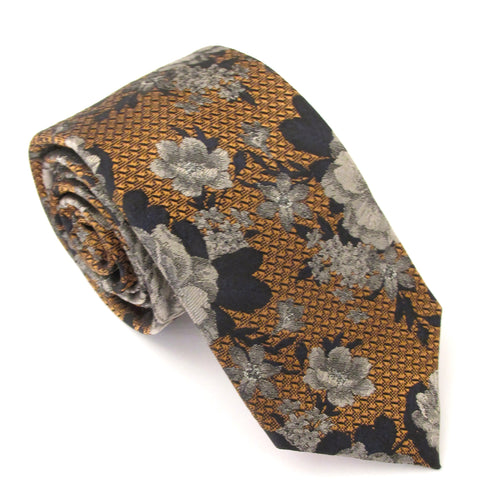 Gold & Grey Detailed Floral Red Label Silk Tie by Van Buck