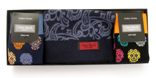 Blue Paisley Reversible Scarf & Skull Socks Gift Set