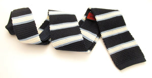 Navy & White Stripe Knitted Silk Tie by Van Buck