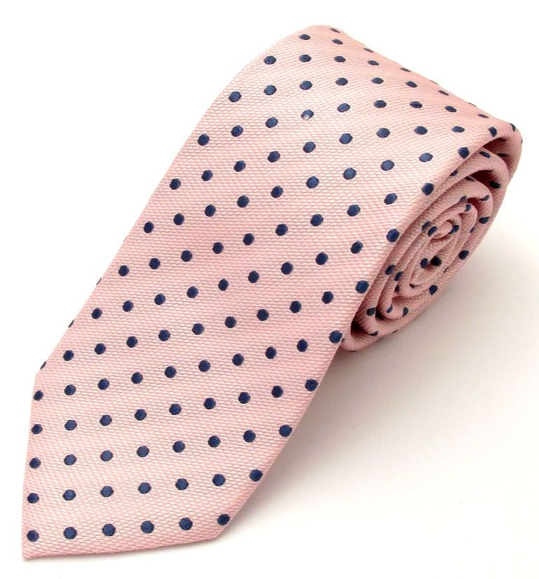 Pink Silk Tie With Navy Blue Polka Dots by Van Buck