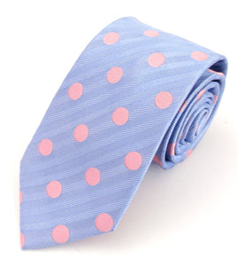 Sky Blue Silk Tie With Large Pink Polka Dots by Van Buck