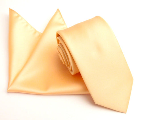 Peach Satin Wedding Tie and Pocket Square Set by Van Buck