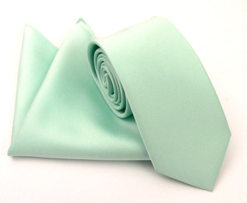 Mint Green Satin Wedding Tie and Pocket Square Set By Van Buck
