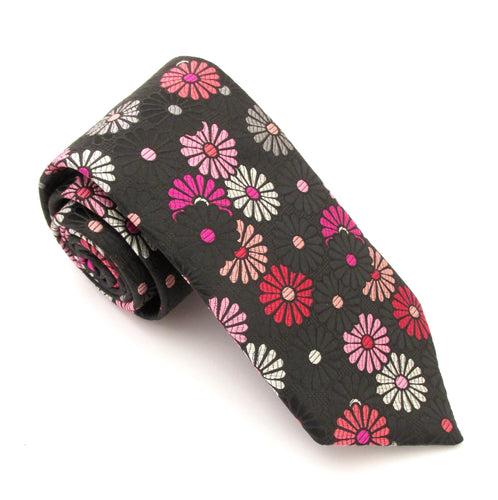 Limited Edition Black Silk Tie with Pink Daisies by Van Buck