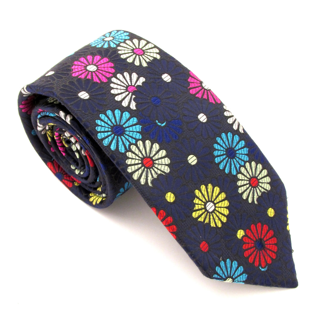 Limited Edition Navy Blue Silk Tie with Bright Multicoloured Daisies by Van Buck