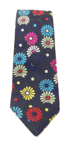 Limited Edition Navy Blue Silk Tie with Bright Multicoloured Daisies by Van Buck