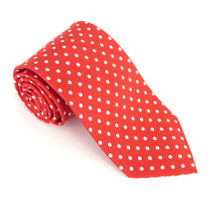 Red Printed Silk Tie With White Polka Dots by Van Buck