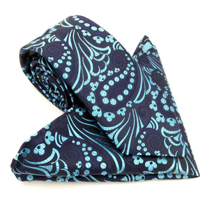 Limited Edition Navy Blue & Aqua Large Paisley Silk Tie Pocket Square Set by Van Buck
