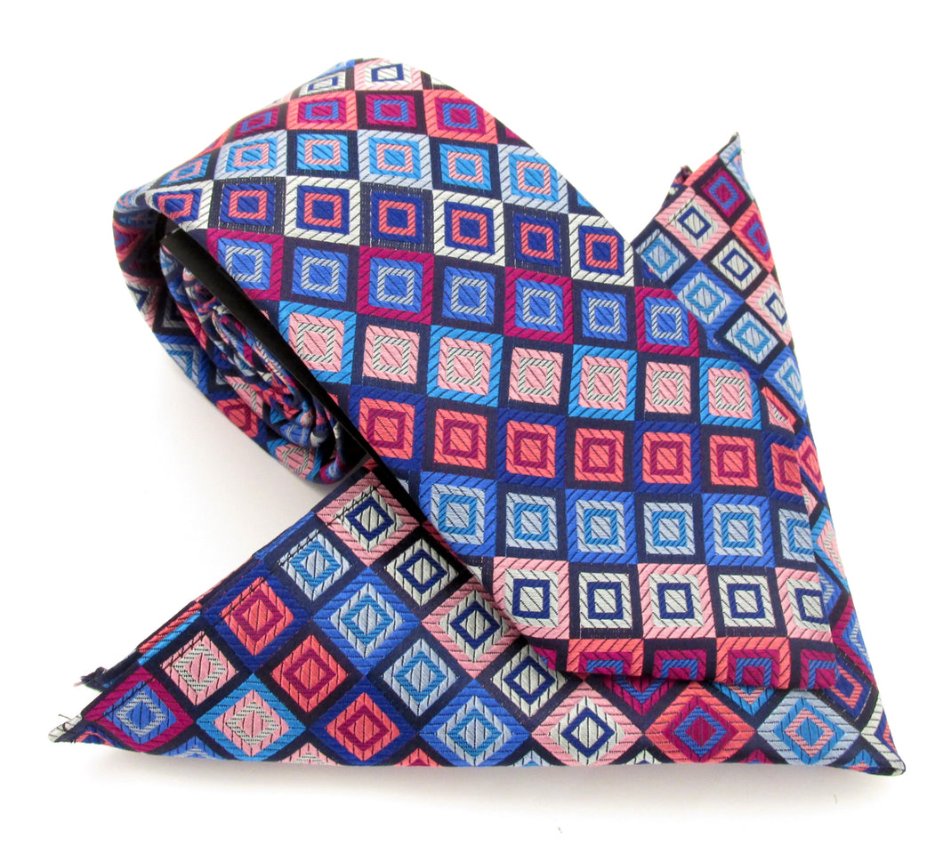 Limited Edition Navy Blue & Pink Squares Silk Tie & Pocket Square Set by Van Buck 