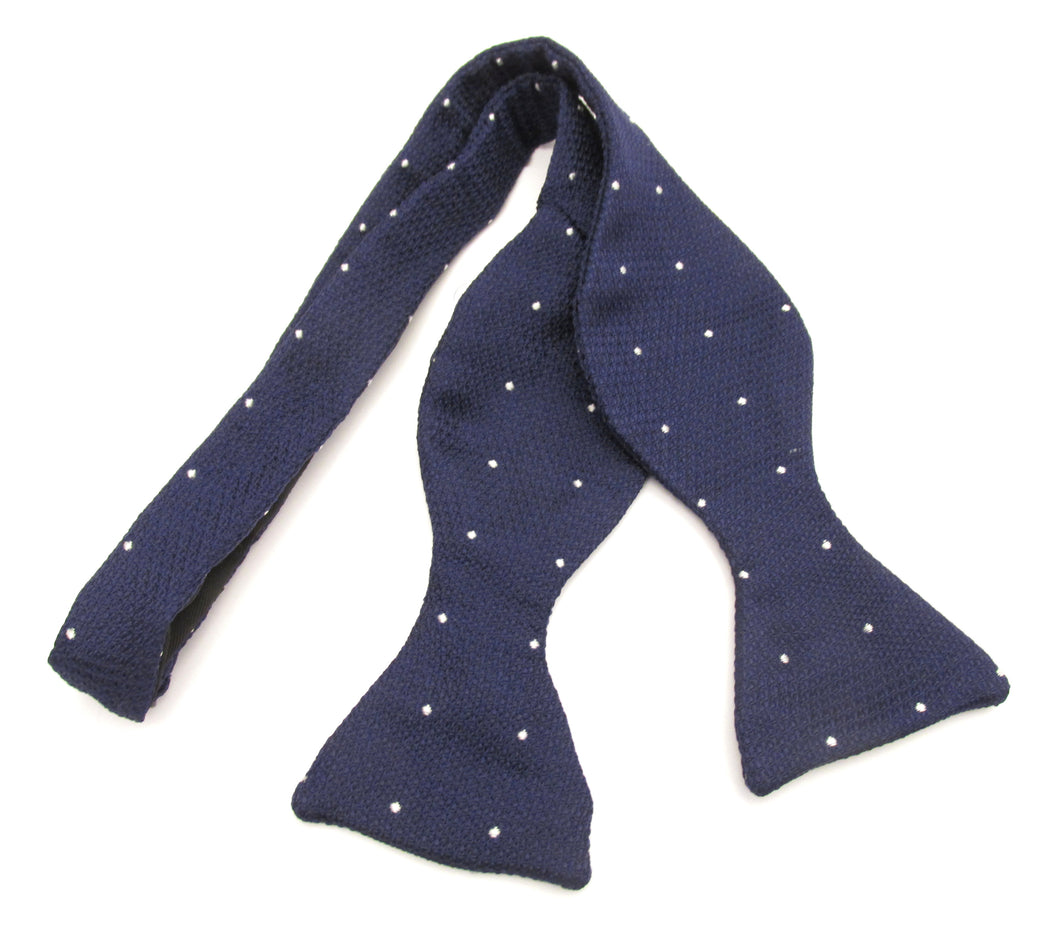 Navy Blue with White Pin Dots Self-Tied Silk Bow Tie by Van Buck
