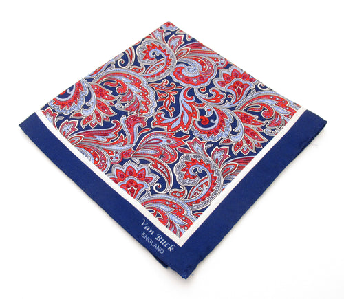 Navy Blue & Red Large Paisley Silk Fancy Pocket Square by Van Buck