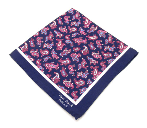 Navy Blue & Pink Paisley Silk Fancy Pocket Square by Van Buck