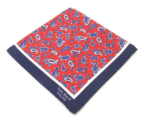 Navy Blue & Red Paisley Silk Fancy Pocket Square by Van Buck