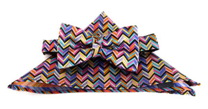 Multicoloured Zig-Zag Silk Bow Tie & Pocket Square Set by Van Buck