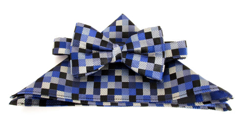 Navy Blue Block Silk Bow Tie & Pocket Square Set by Van Buck
