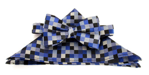 Navy Blue Block Silk Bow Tie & Pocket Square Set by Van Buck