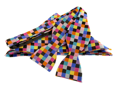 Multicoloured Block Self-Tied Silk Bow Tie & Pocket Square Set by Van Buck
