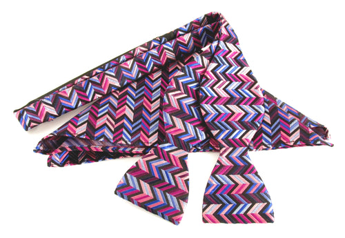 Pink & Blue Zig-Zag Self-Tied Silk Bow Tie & Pocket Square Set by Van Buck