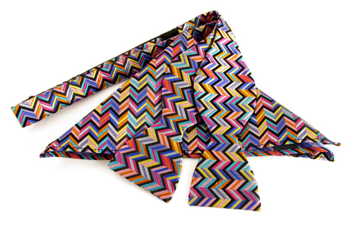 Multicoloured Zig-Zag Self-Tied Silk Bow Tie & Pocket Square Set by Van Buck