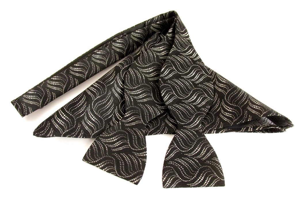 Black & Grey Wave Self-Tied Silk Bow Tie & Pocket Square Set by Van Buck