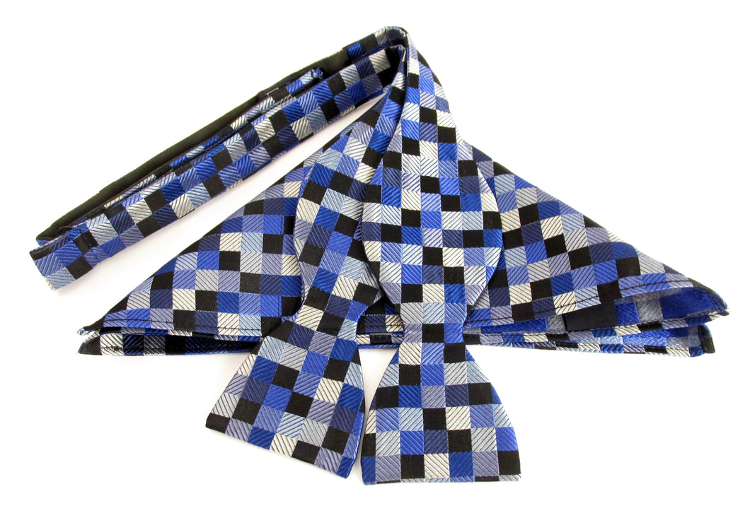 Navy Blue Block Self-Tied Silk Bow Tie & Pocket Square Set by Van Buck