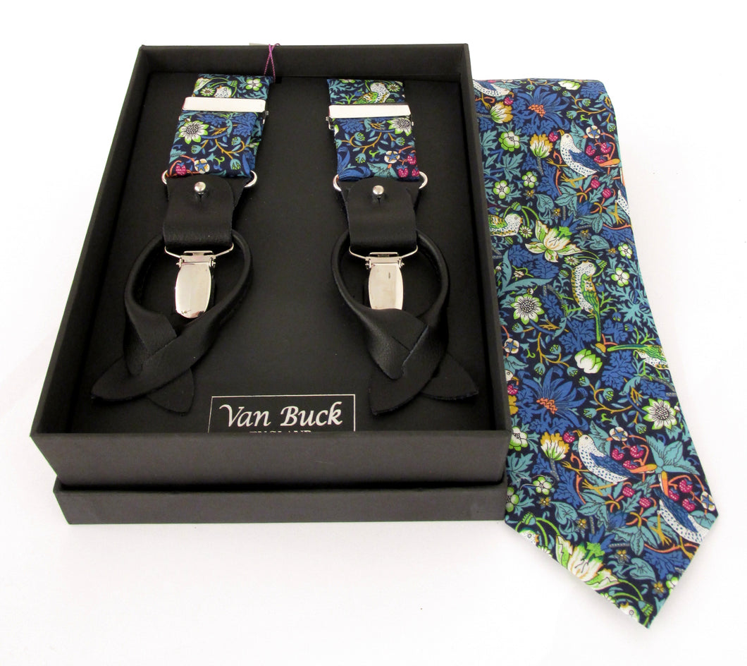 Strawberry Thief Green Tie & Trouser Braces Set Made with Liberty Fabric 