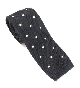 Navy Blue Knitted Tie with White Embroidered Dots by Van Buck 