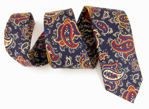 Navy Large Paisley Printed English Silk Tie by Van Buck
