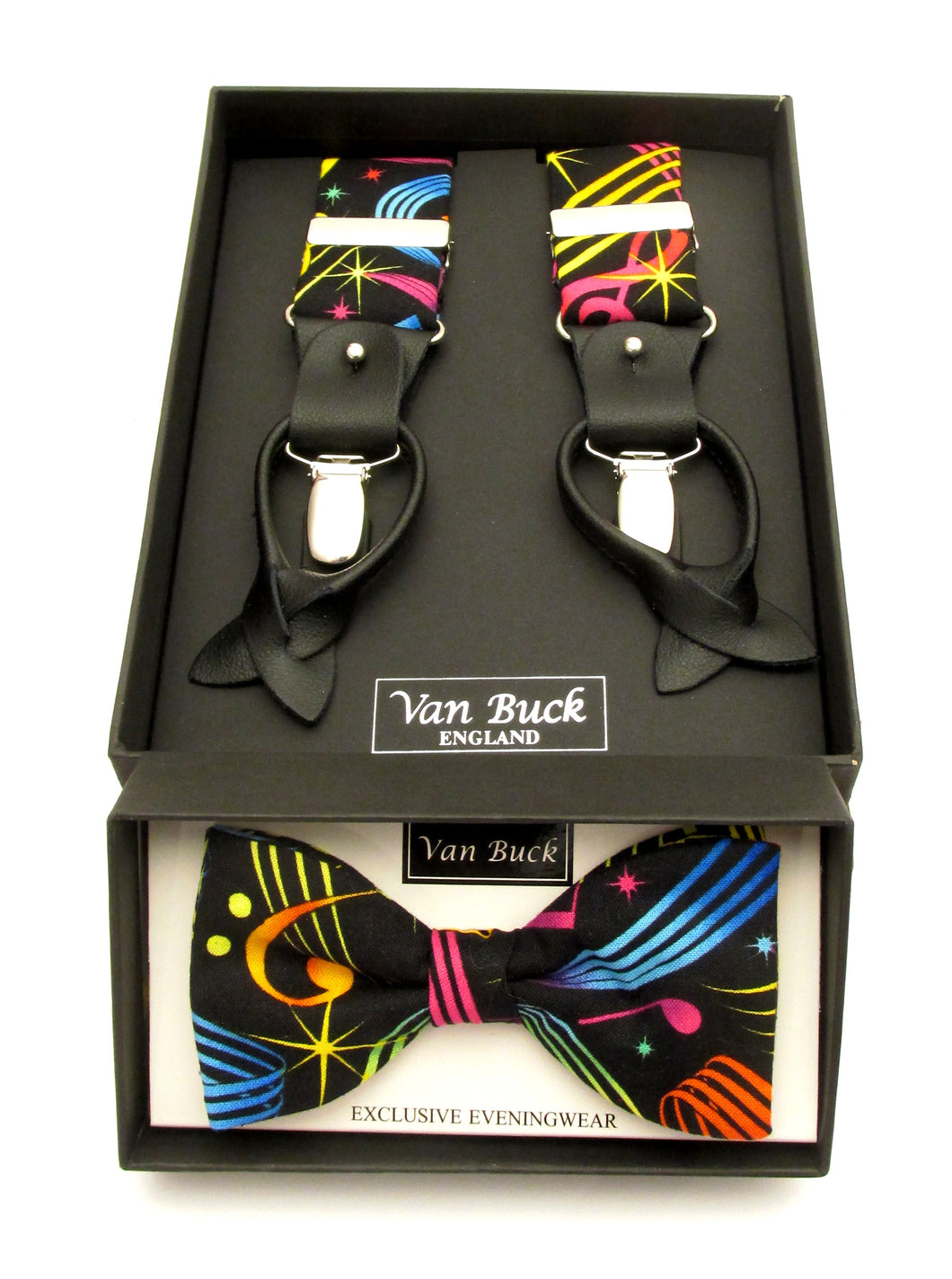 Neon Music Note Party Bow Tie & Trouser Braces by Van Buck