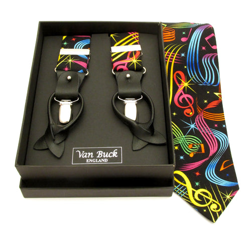 Neon Music Note Tie & Trouser Braces Gift Set by Van Buck