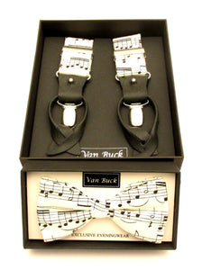Black & White Sheet Music Bow Tie & Trouser Braces Gift Set by Van Buck