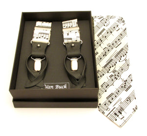 Black & White Sheet Music Tie & Trouser Braces Gift Set by Van Buck