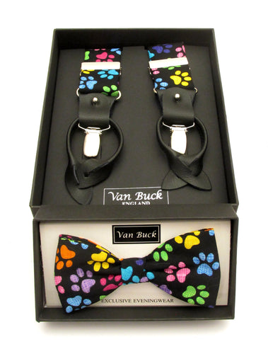 Multicoloured Paws Party Bow Tie & Trouser Braces by Van Buck