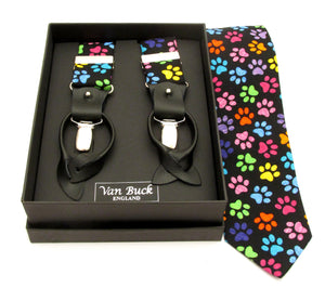 Multicoloured Paws Party Tie & Trouser Braces by Van Buck
